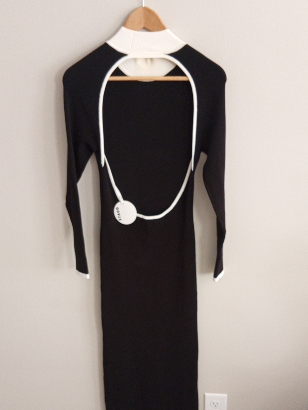 STAUD Black Open-Back Knit Dress White Trim Size Medium
